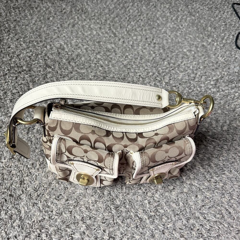 Y2K COACH Brown White Legacy Shoulder Double Turn Lock Signature Bag - Picture 3 of 12